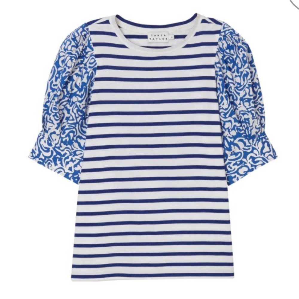 Tanya Taylor blue and white striped shirt with patterned sleeves